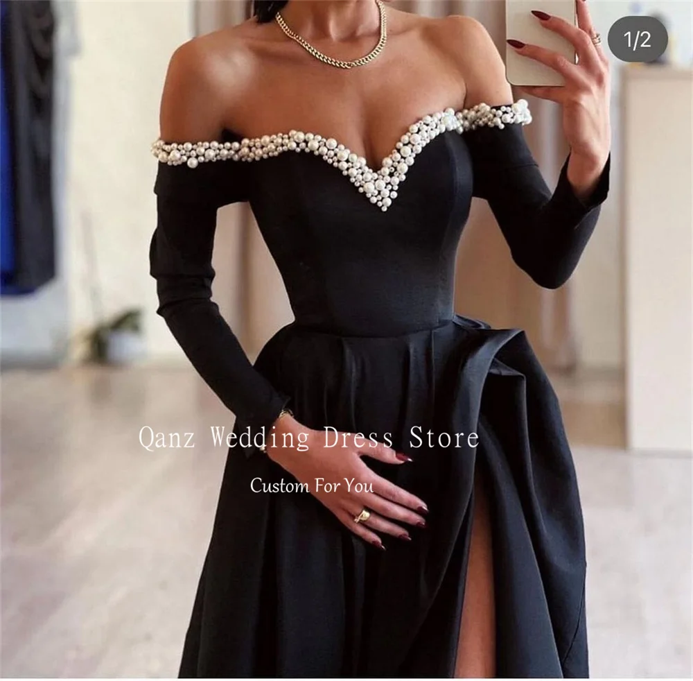 Qanz Black Pearls Evening Dresses Black Satin Robes De Soirée High Slit Lace Up Abendkleider Formal Event Dresses Customized