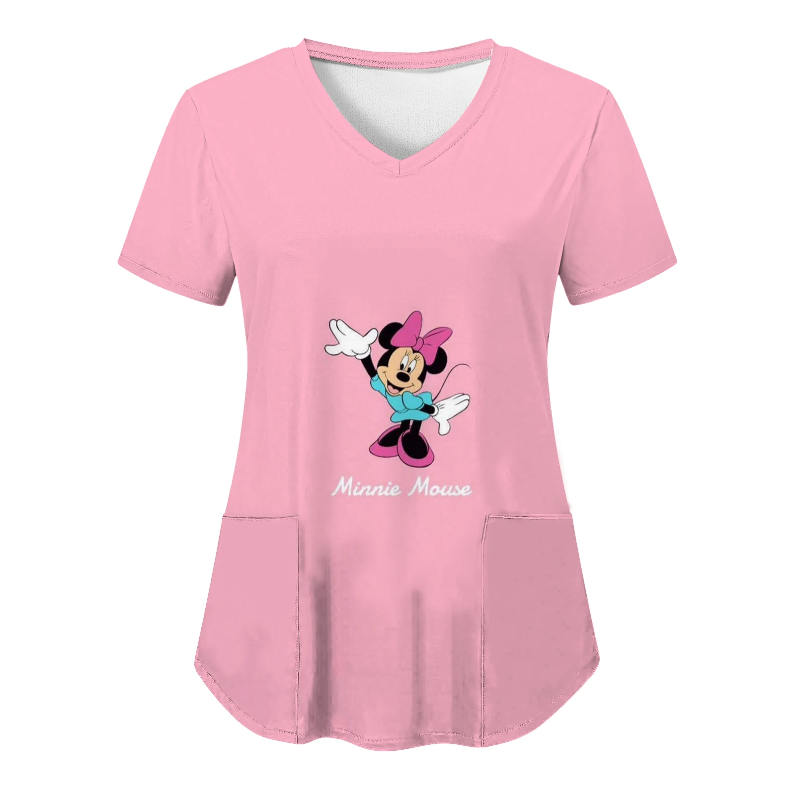 Kaus saku seragam suster wanita atasan kaus rumah sakit Mickey 2024 kaus Wanita atasan leher V baju wanita Minnie Mouse Disney