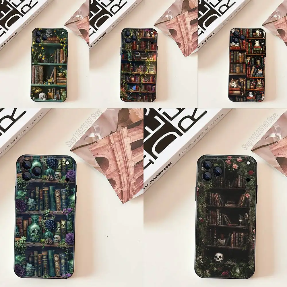 

Vintage Skull Bookshelf Phone Case Silicone Black Soft For iPhone 17,16,15,14,13,12,11,Pro,Max,Plus,E,SE4,Air,Mini