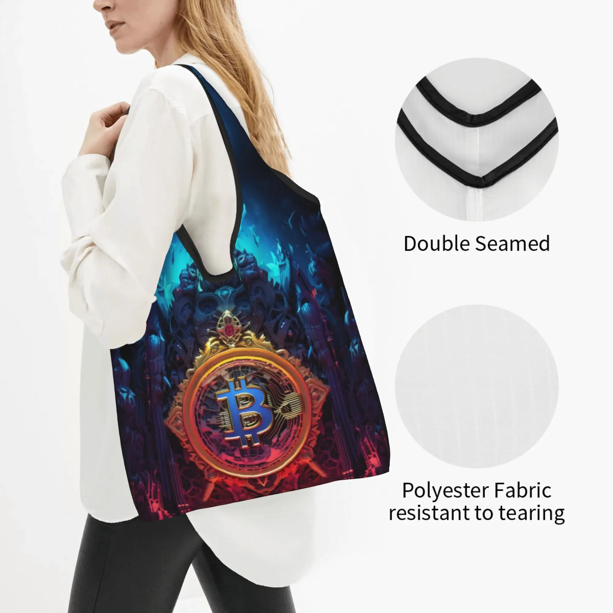 Recycling Crypto Virtual Currency Bitcoin  Shopping Bag Women Tote Bag Portable  Grocery Shopper Bags