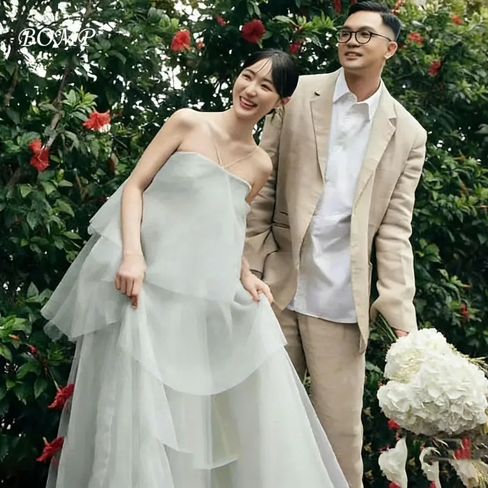 BOMP Einfache Neckholder Ärmellose Abendkleider Korea Hochzeit Fotoshooting Seide Organza Tiered Formales Partykleid Maßgeschneidert Neu