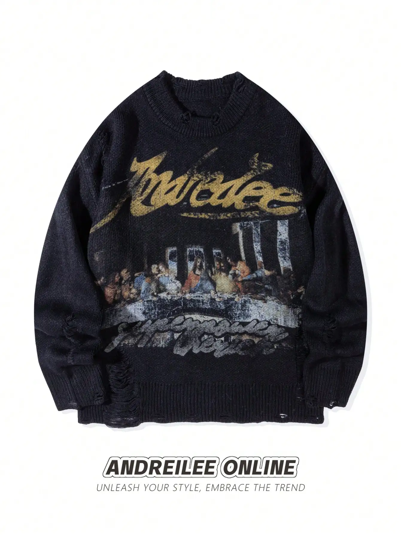 Andreilee New Spring, Autumn, and Winter Men's Street Fashion French Oil Painting Print Spray-Painted Cut-Out Design Long-Sleeve Sweater Unisex Round Neck Casual Versatile Fitted Pullover Knit Sweater