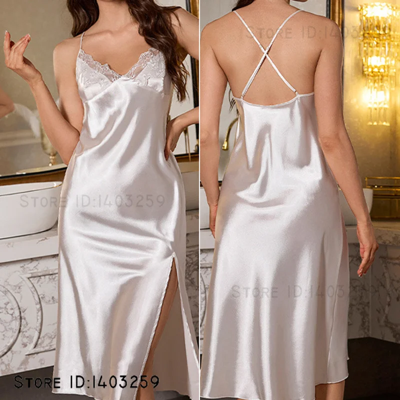 Female Chemise Long Nightgown Loungewear Summer Silk Satin Sleepwear Home Dressing Gown Sexy Suspender Nightdress Nightwear - Image 3