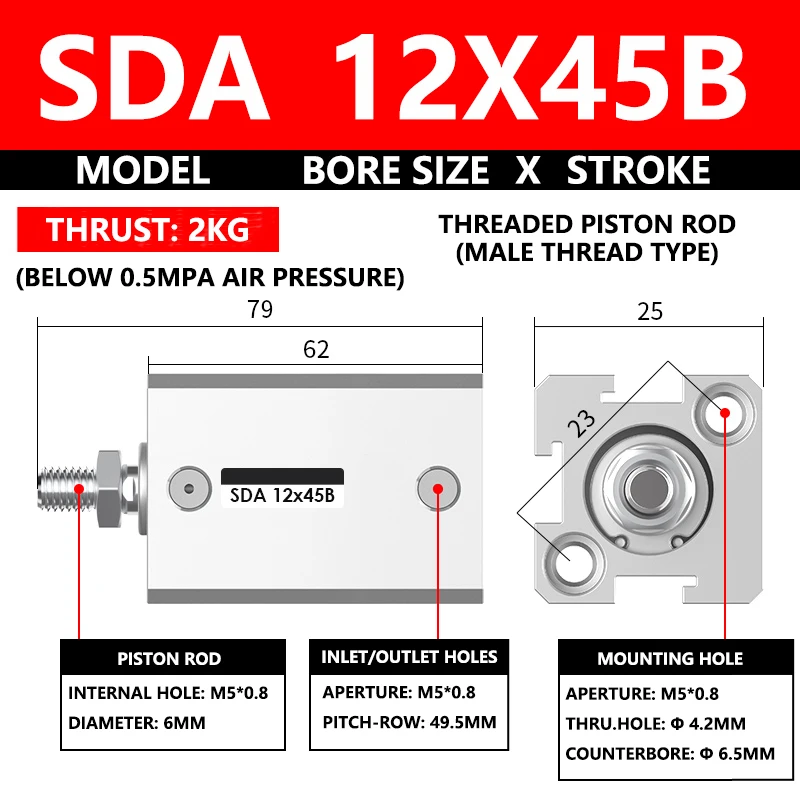 ABILKEEN SDA12X45B SDA Series Thin Air Cylinder 12MM Male Thread Bore X 45MM Stroke Double Acting Pneumatic Compact Cylinder