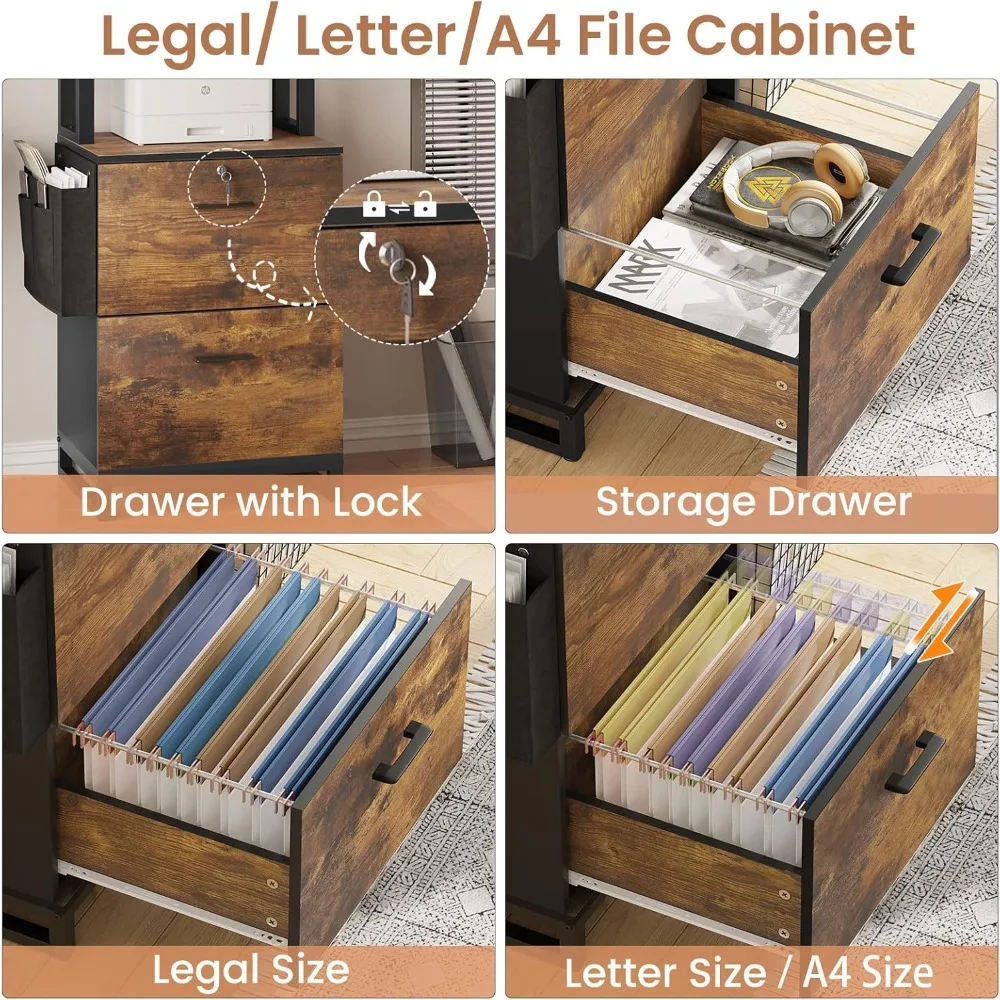 2 Drawer File Cabinet with Lock, Fits Letter, Legal, A4 Size, Hanging File Folders, Adjustable Storage Shelf and Hook, Rustic B