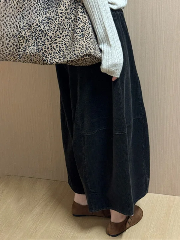 韓国風秋冬新作プラスサイズレディースハイウエストストレートレッグコーデュロイパンツエレデザインワイドレッグパンツ