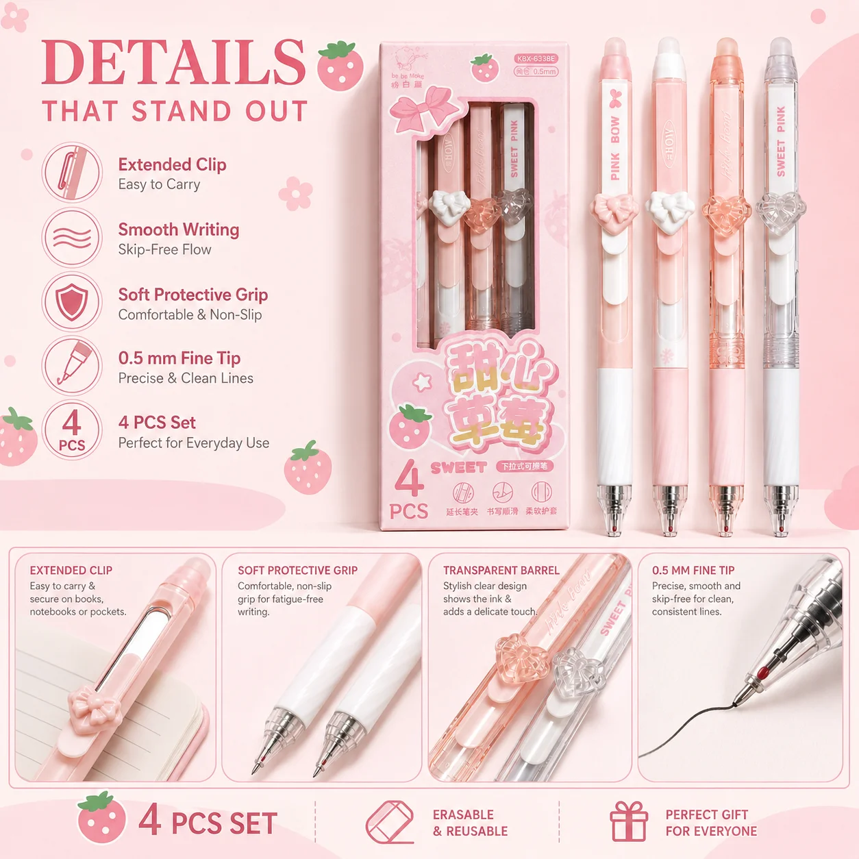 4'lü Paket Fiyonklu Dekorlu Si - Retractable Eraser Pen Click incelemesi ve fiyatı