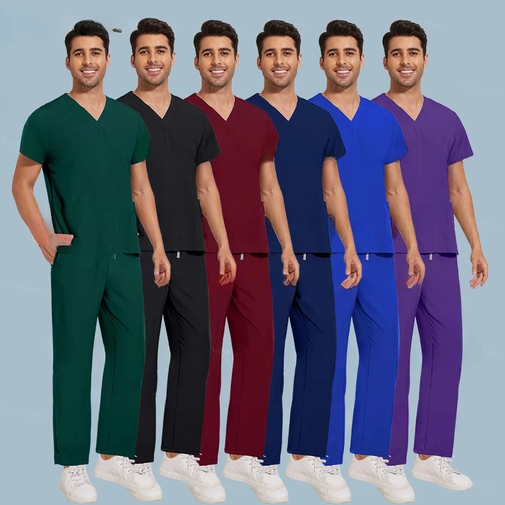 Uniforme médico de manga curta com decote em v roupas de trabalho hospital enfermeira esfrega uniforme dcotor uniformes cirúrgicos enfermagem conjunto calça reta