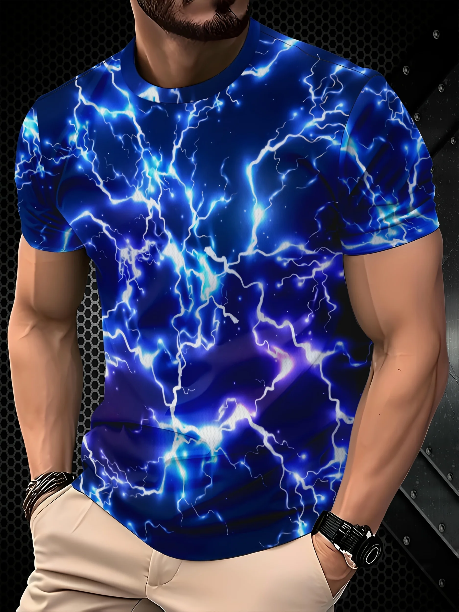 Hot Selling Fashion Men's 3D Lightning Printed T-shirt Blue Purple Lightning Children's Adult Parent-child T-shirt Large Size