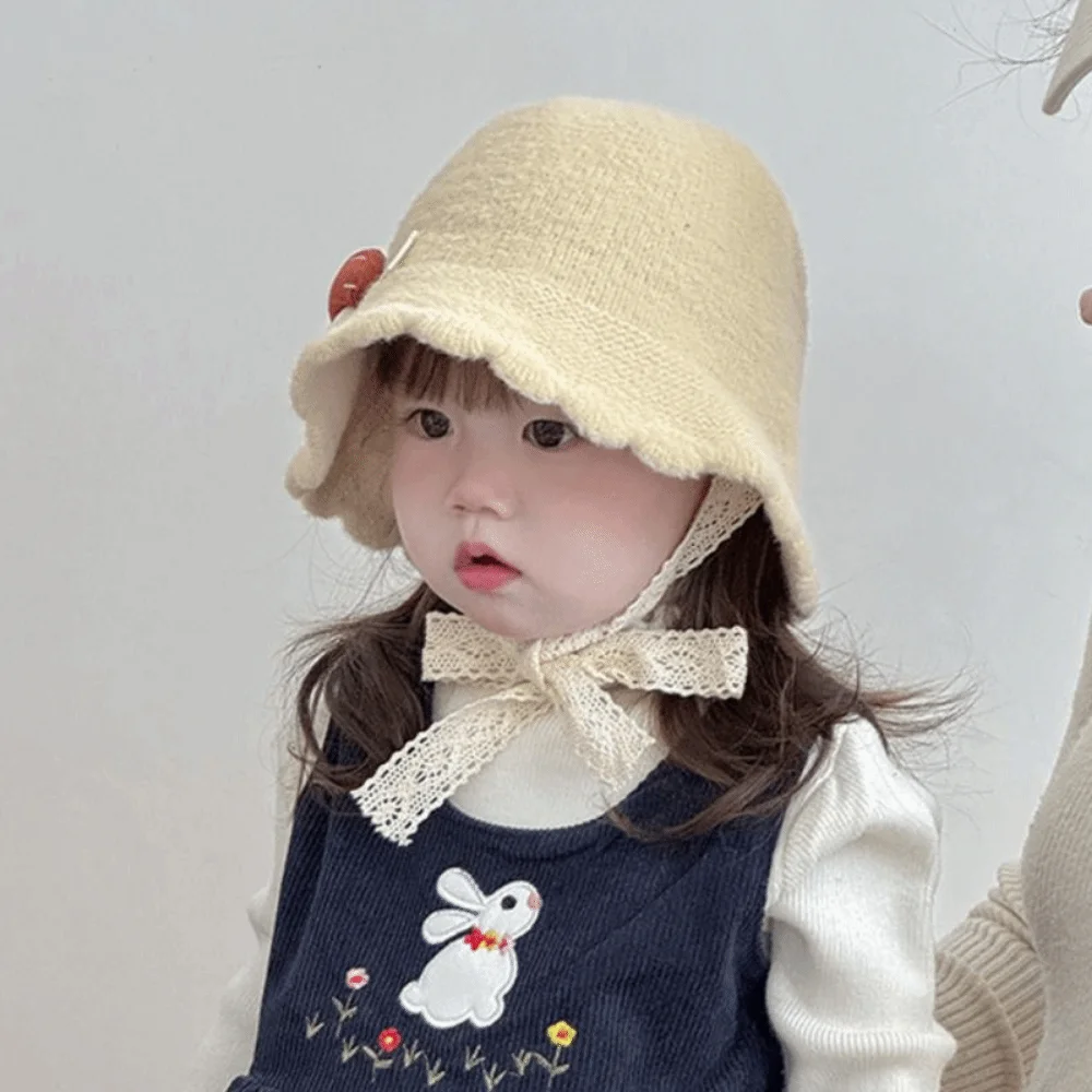 Soft Kids Warm Knitted Hat Solid Color Mushroom pattern Curled Fisherman Cap Lacing Up Windproof Baby Bucket Hat