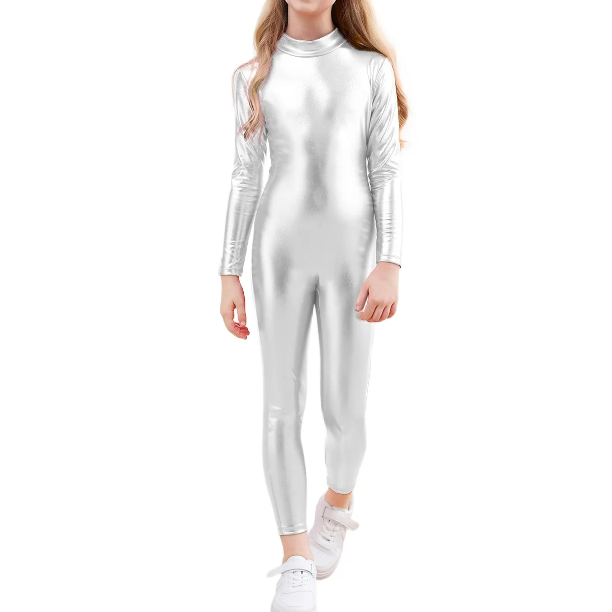 

Girls Metallic One Piece Unitards Dancewear Shiny Long Sleeves Turtleneck Full Body Gymnastics Ballet Dance Leotard Jumpsuit