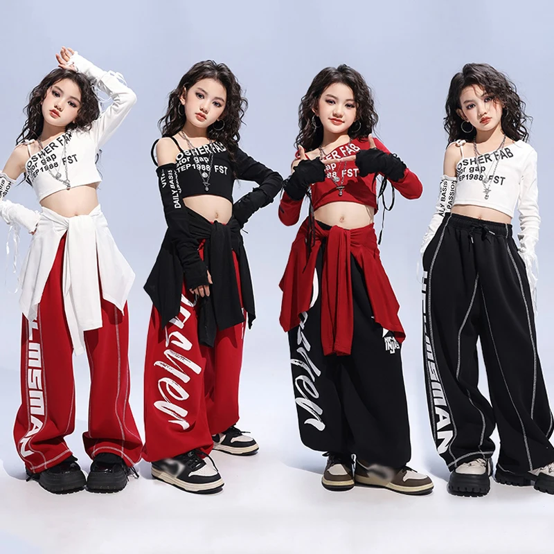 キッズヒップホップダンススーツ、ブラッククロップトップ、ジョガーパンツ、ストリートダンスウェア、ガールジャズダンス、ステージコスチューム、Kpopシャッフルパンツ、赤、2792