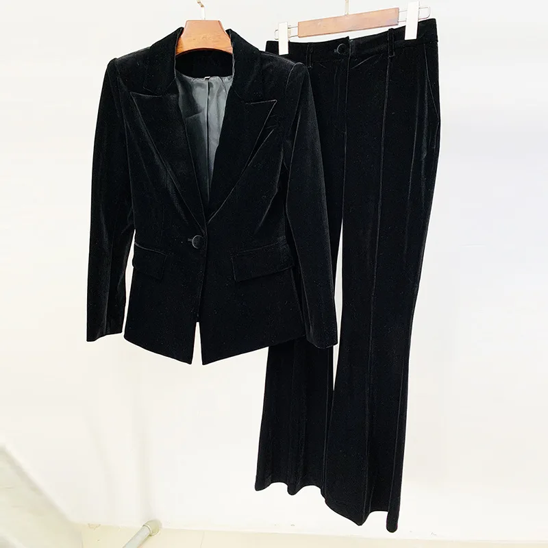 Velvet Blazer Pantsuits Blue Black Women 2022 Autumn Winter New One Button Jacket Flare Pants Two Piece Sets Office Female Suit