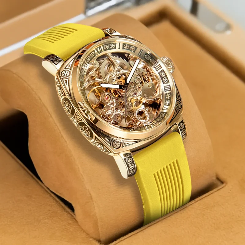 

A men's yellow tape casual sporty carved case design skeletonized automatic mechanical watch
