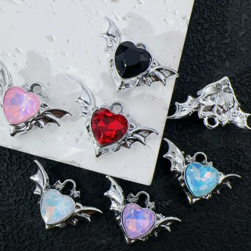 10PCS Minimally inlaid heart-shaped wing pendant, devil's heart pendant, DIY bead bracelet necklace, alloy jewelry accessories