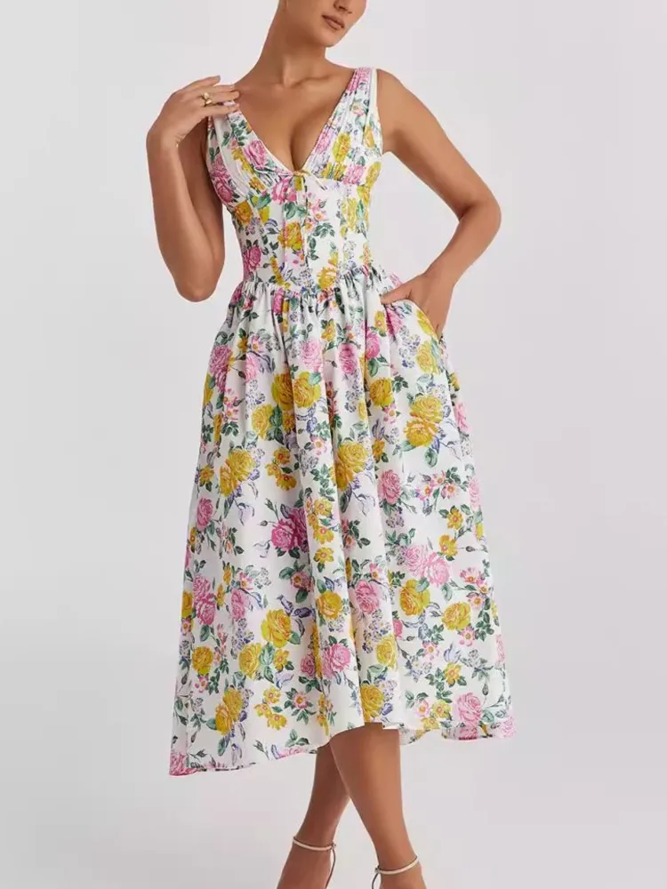 

Women's Waist Wrap Printed A-line Dresses Spaghetti Strap 2025 Summer Dress Elegant Midi Long Sexy Party Dresses Female Vestidos