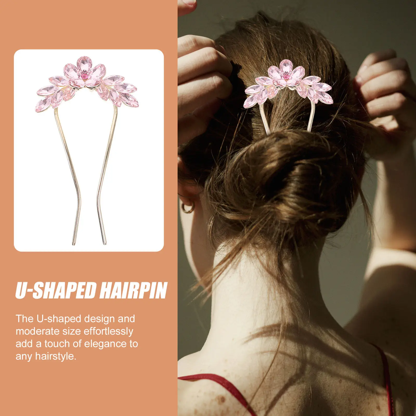 U-Shaped Rhinestone Flower Hairpin Metal Hair Stick for Chignon Bun Updo Elegant Bridal Wedding Bride Bridesmaid Hair
