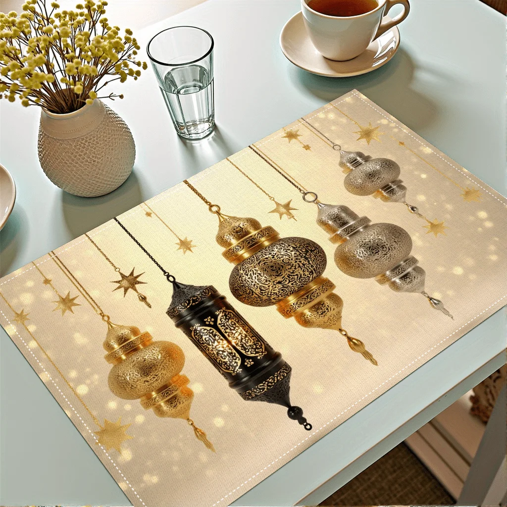 1PC Ramadan Placemats Featuring Lantern Designs, with a Fresh Background And Golden Trim That Enhances