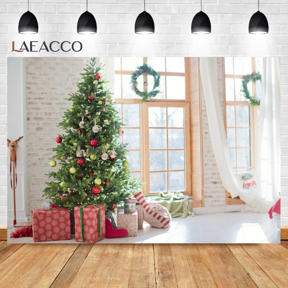 Laeacco Christmas Backdrop For Photography Light Pine Tree Window New Year Party Decor Photography Background For Photo Studio