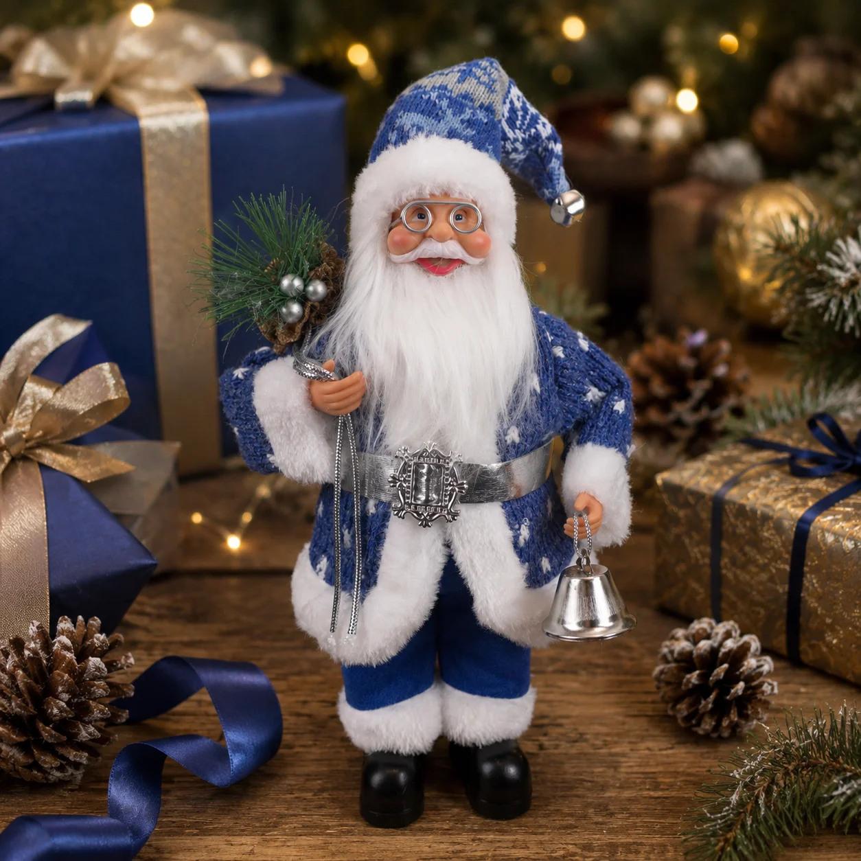 30cm Christmas Santa Claus Figurine Blue Outfit with Silver Bell Knitted Hat Holiday Home Table Decor Ornament