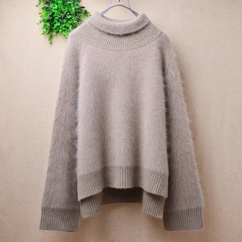 

Female Women Fall Winter Thick Warm Hairy Angora Rabbit Hair Knitted Turtleneck Long Sleeves Loose Pullover Sweater Jumper Pull