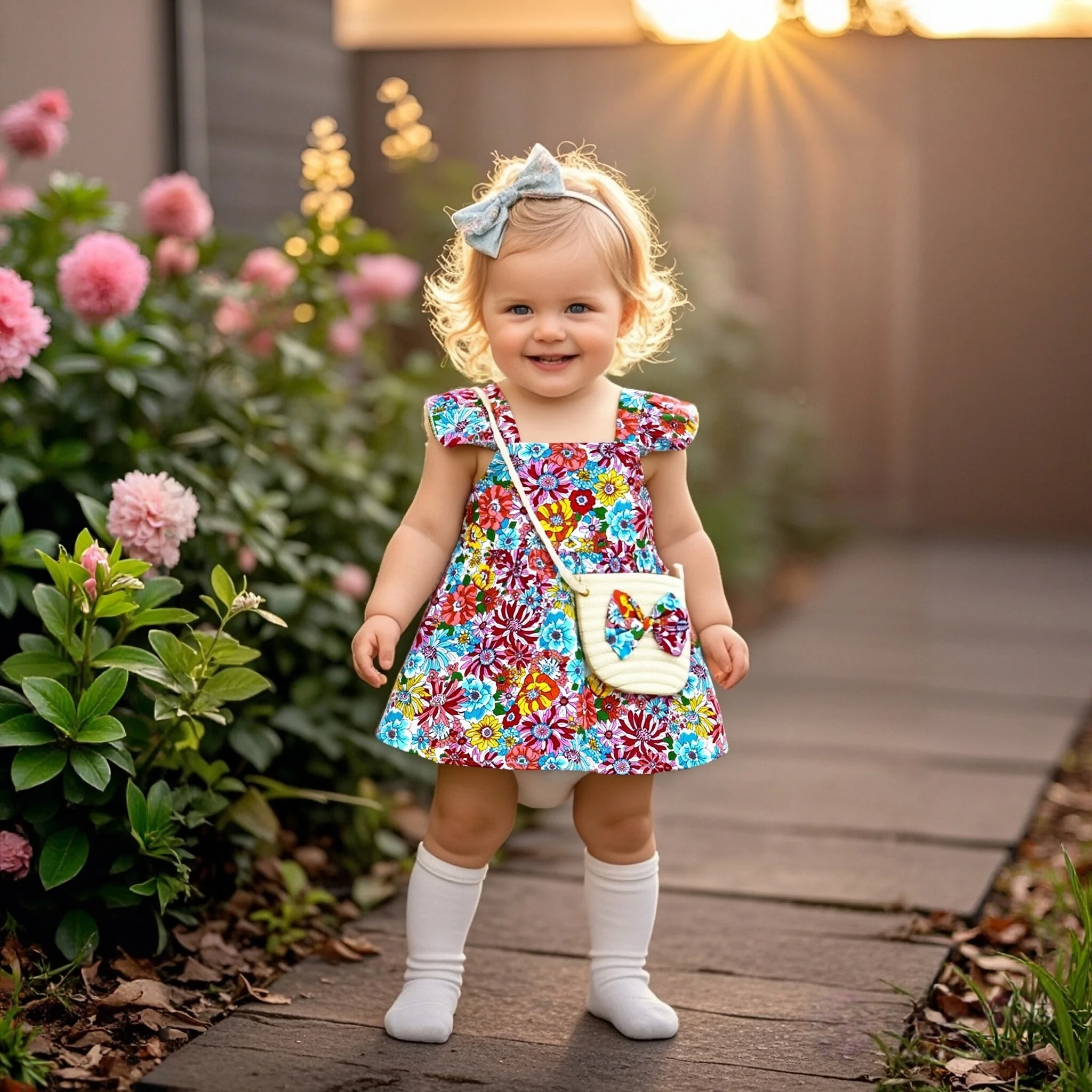 Baby Girl Dress Summer Sweet Birthday Party Girl Dresses Floral Small Flying Sleeve Round Necktie Crossbody Bag Bow Clothing