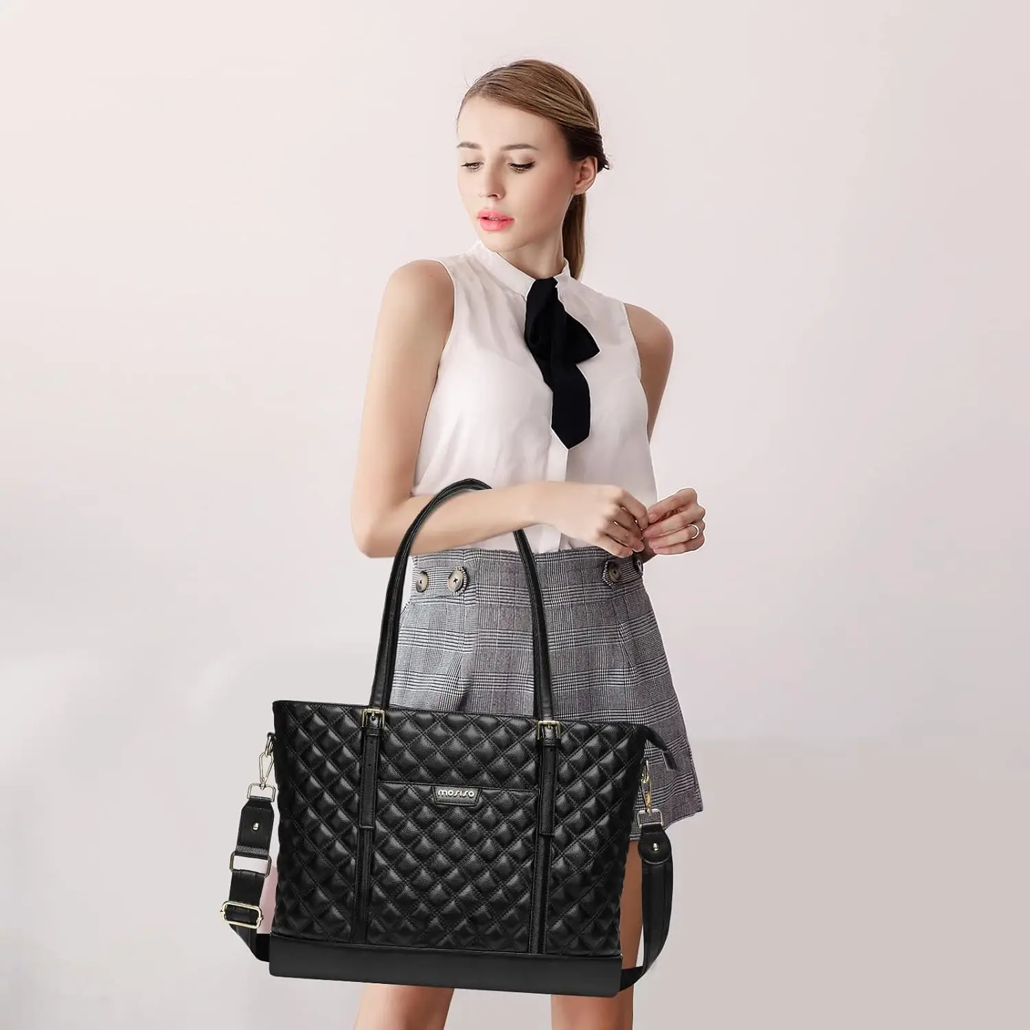 MOSISO Laptop Tote Bag for Women 15.6 inch Briefcase Bag Large Capacity Rhombus Quilted Leather Laptop Bag with Small Purse