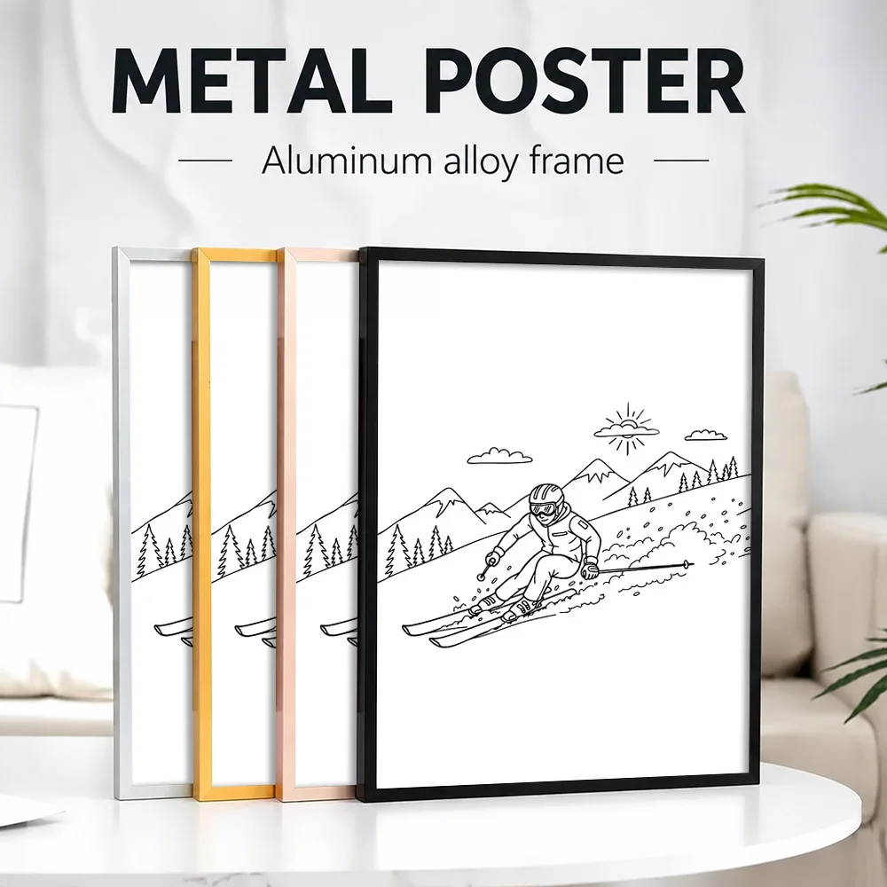 Skier On Mountain Slope Framed Metal Print Customized Photo Modern Adventure Style Wall Art For Living Room Housewarming Gift