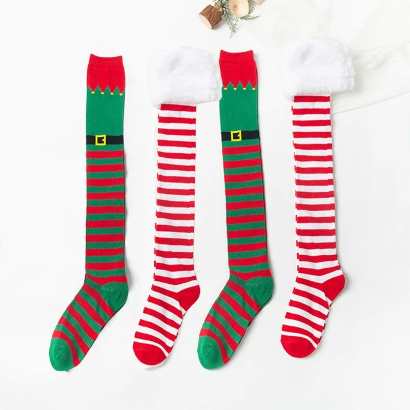 Festival Christmas Elf Boot Striped Thigh High Stockings for Women Holiday Cosplay Costume Over the Knee Long Socks