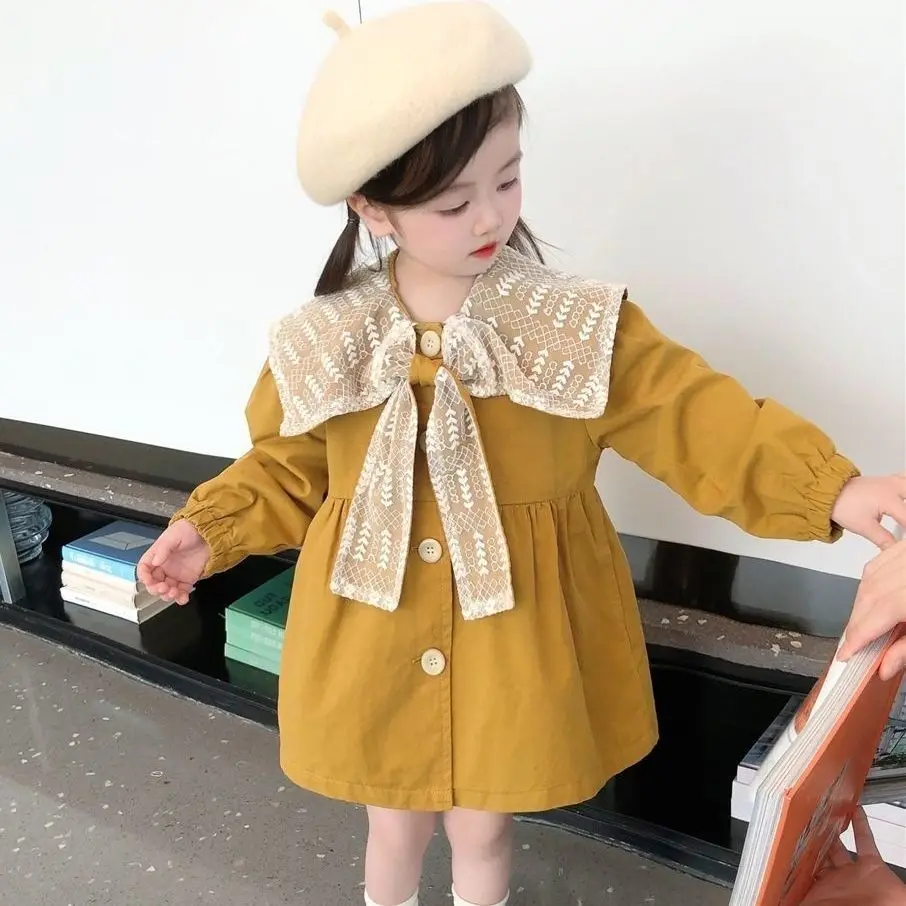 Baby Girl Doll Collar Loose Trench Coat 2023 Spring Fall New Korean Children\'s Bow Princess Dress Girls Kids Dresses for Girls