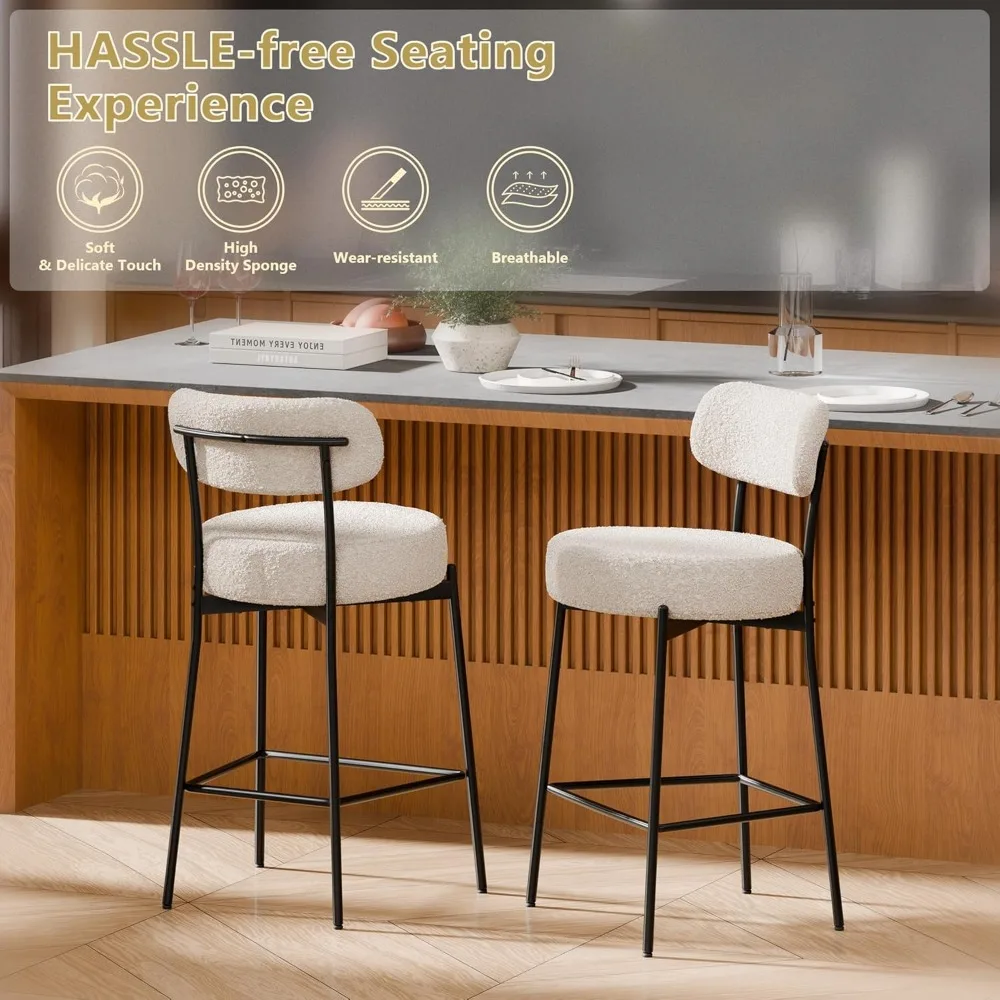 Bar Stools , 24 Inches Boucle Barstools Counter Height Barstool with Curved Back Metal Legs, Modern Upholstered Barstools