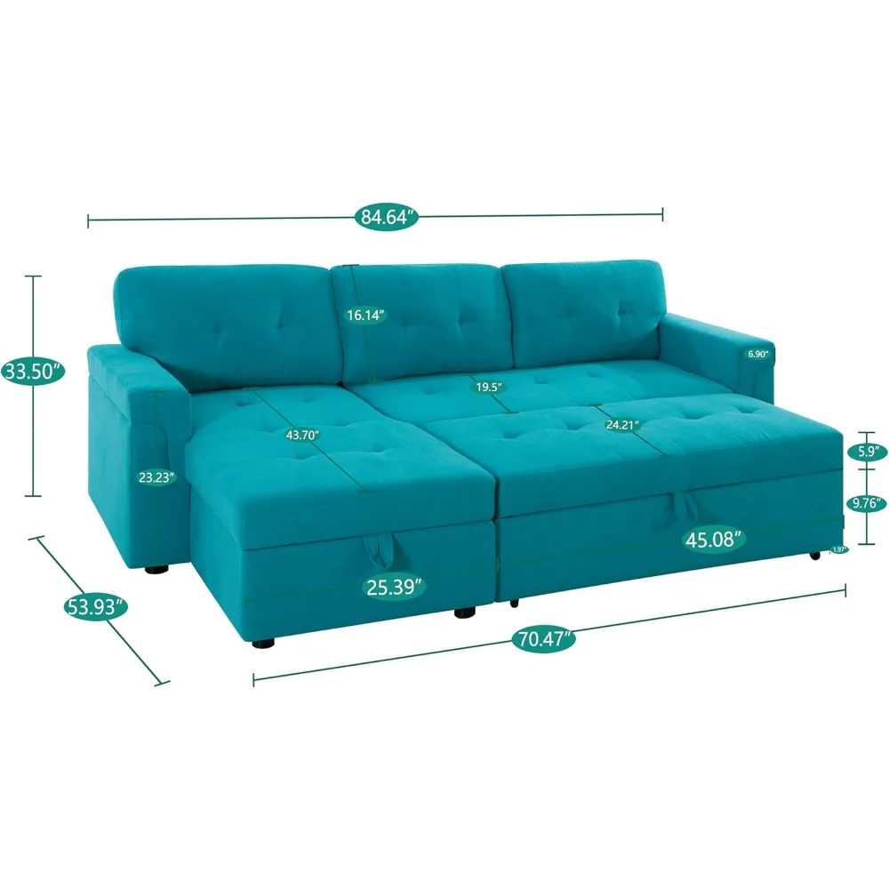 Naomi Home Teal Velvet Sectional Sleeper Sofa with Storage, Reversible L-Shaped Pull-Out Couch, 72x32x32 inches, Jenny