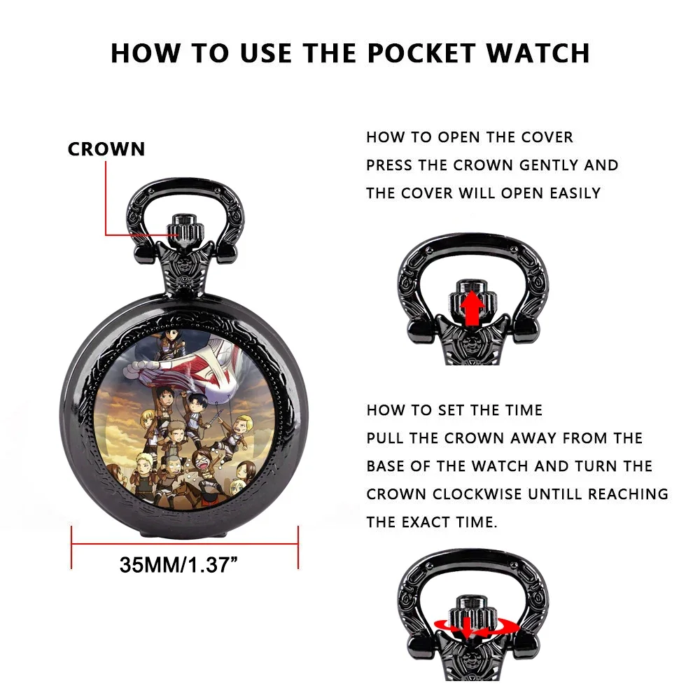 Attack on Titan – Montre de poche à dôme en verre inspirée – Chaîne de mouvement à quartz incluse, cadeau élégant pour hommes et femmes