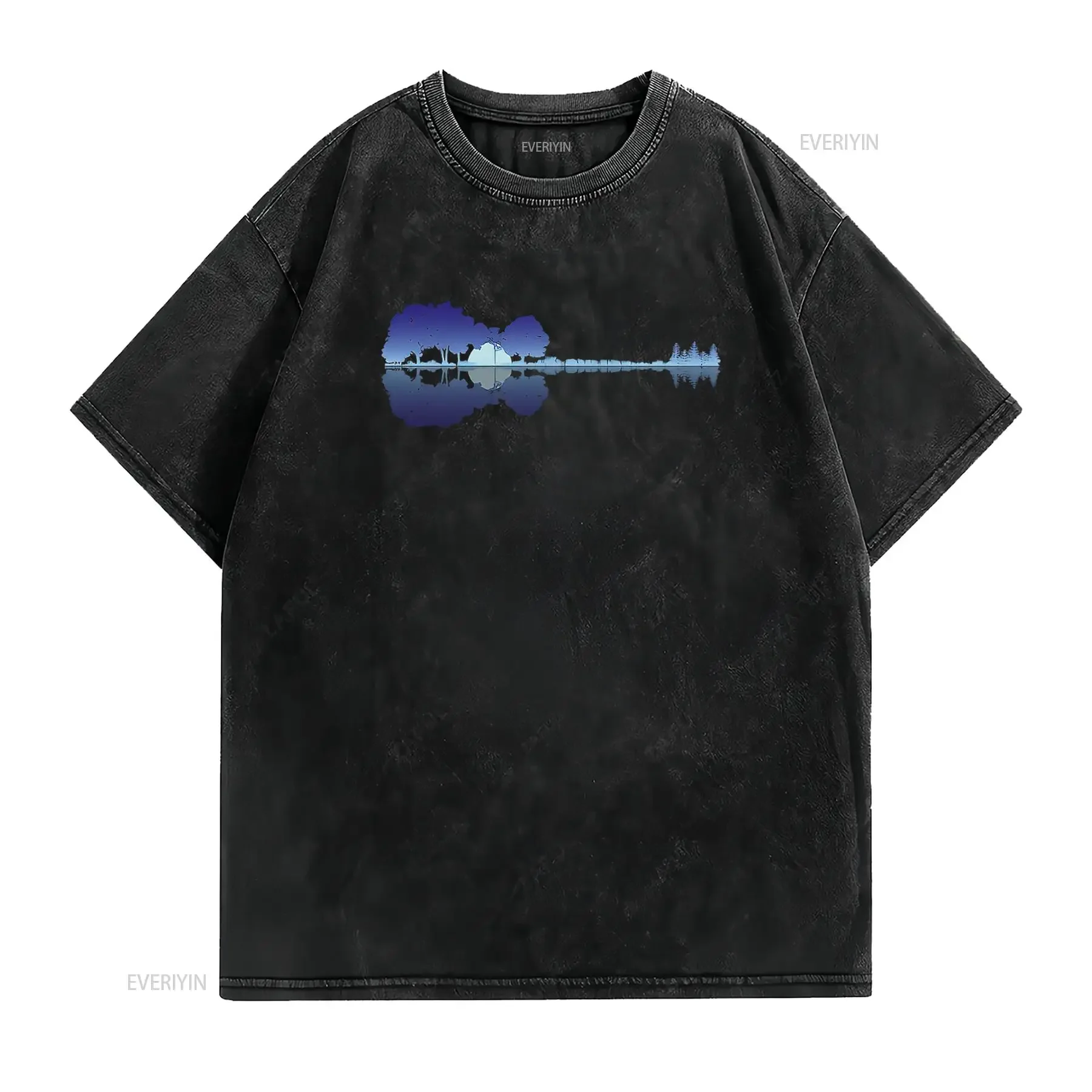 Mens Guitar Lake Shadow Music Lovers Rock Musician  T Shirt Black L vintage Washed Versatile Stylish graphic fashion Soft