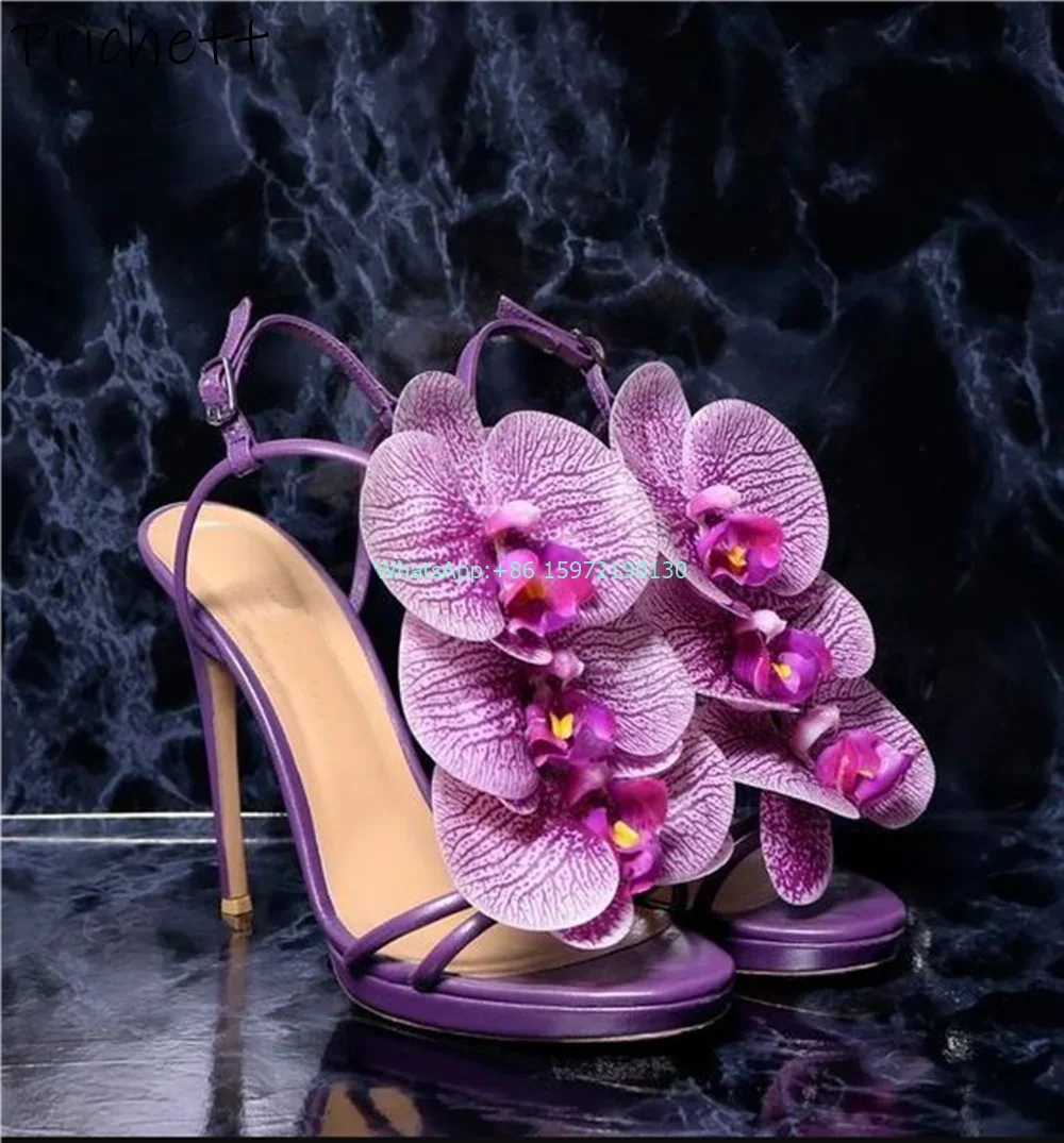 Straight Strap Flower Sandals Round Toe Thin Heels Buckle Strap Orchid Elegant Shoes Ladies Vocation Stiletto Shoes 2024 New