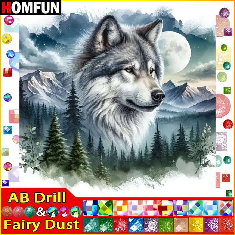 

HOMFUN Fairy Dust AB Art 5D Diy Diamond Painting "Animal Wolf Moon" Diamond Pictures Cross Stitch 3D Rhinestone Embroidery Decor