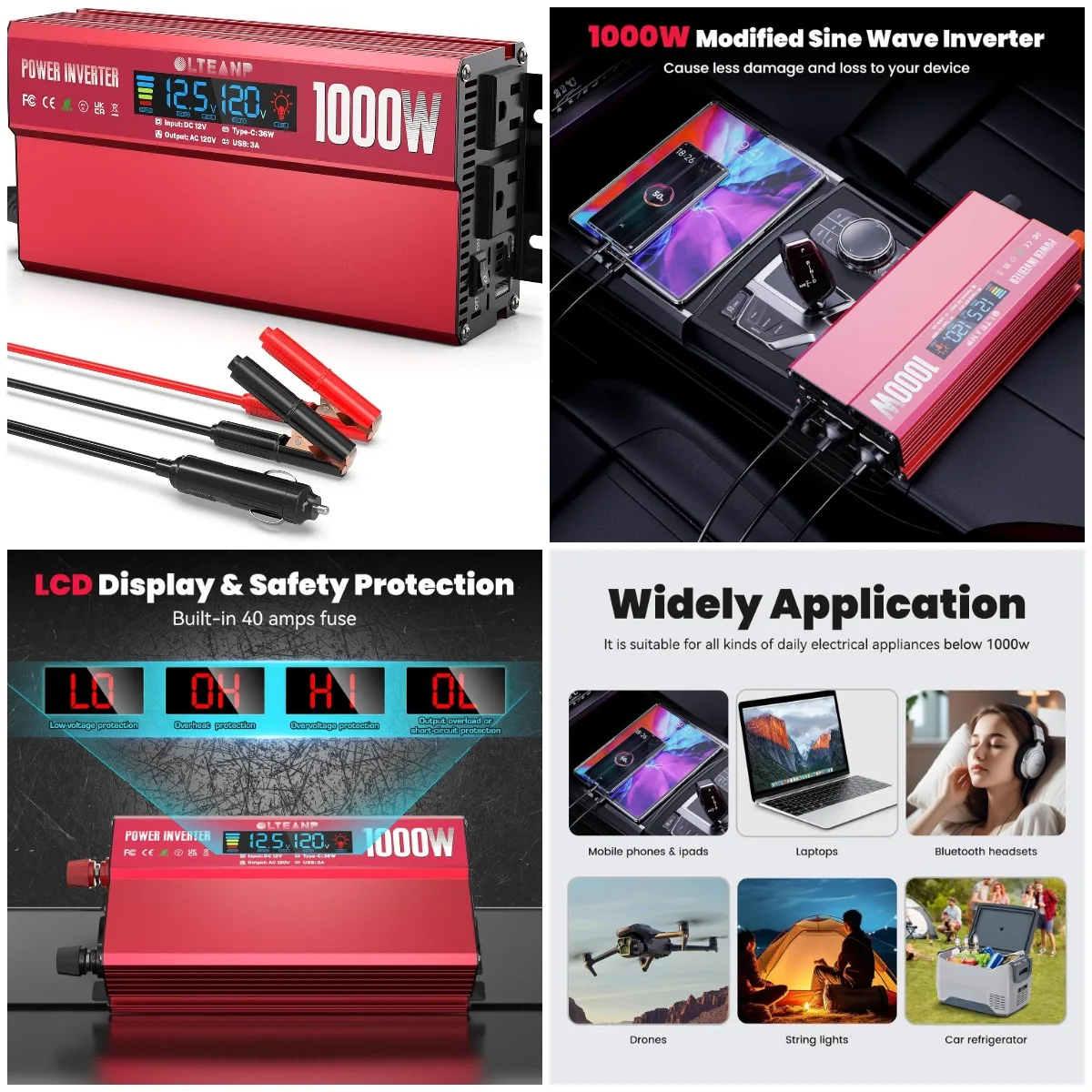 

1000W Inverter with LCD, 2 AC Outlets, USB-C & USB Port for Car, Home, Laptop