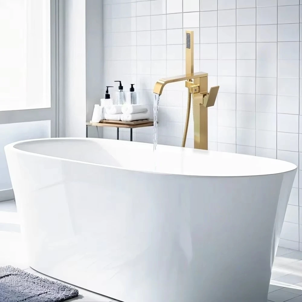 Floor-to-ceiling waterfall tub filler with hand shower, brass floor mixer faucet Brushed gold freestanding tub faucet