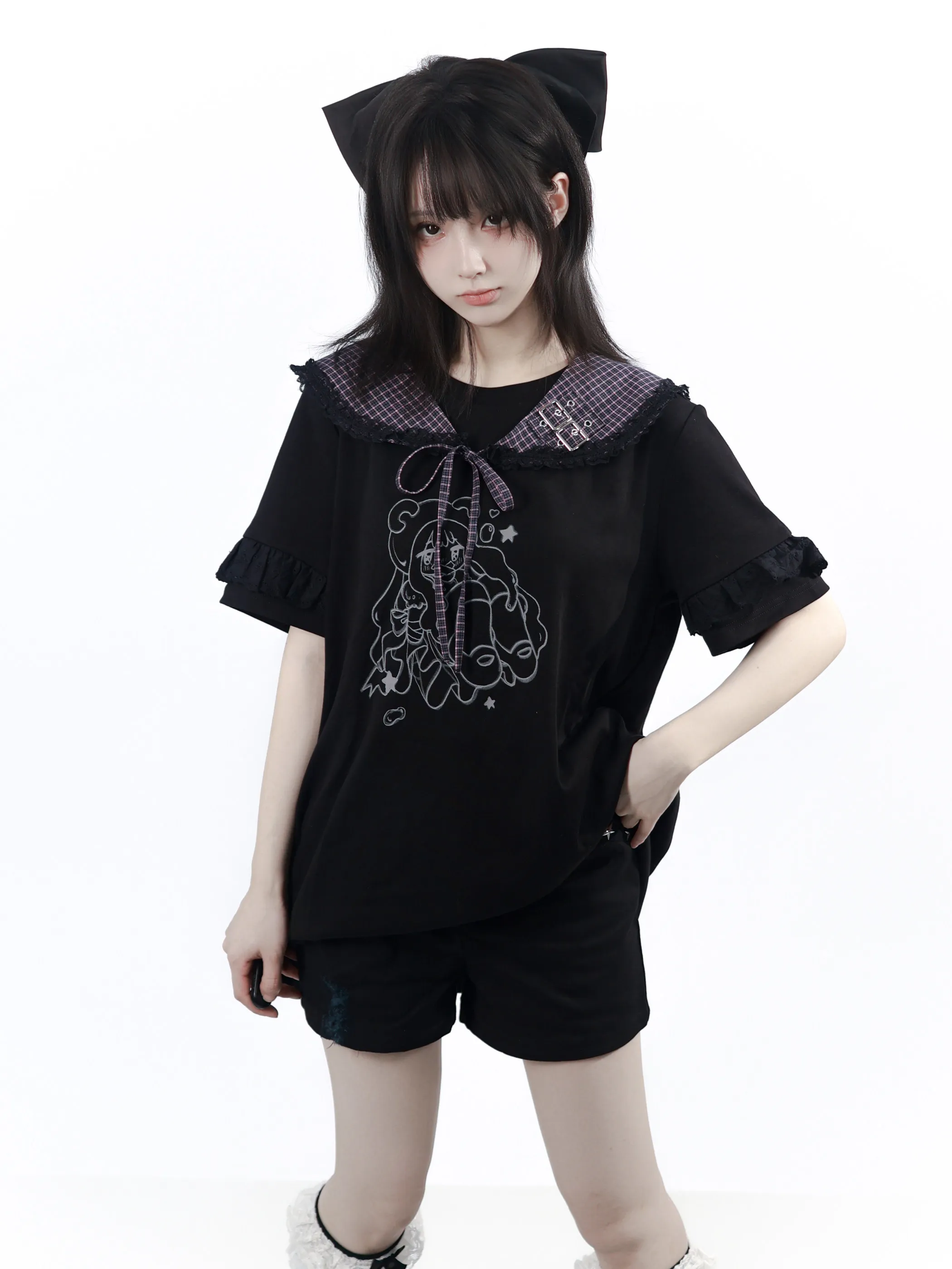 Sweet Lolita T-Shirt Dress Cute Anime Print Long T-Shirt Casual Loose Round NeckT-Shirt Dress Soft Cotton