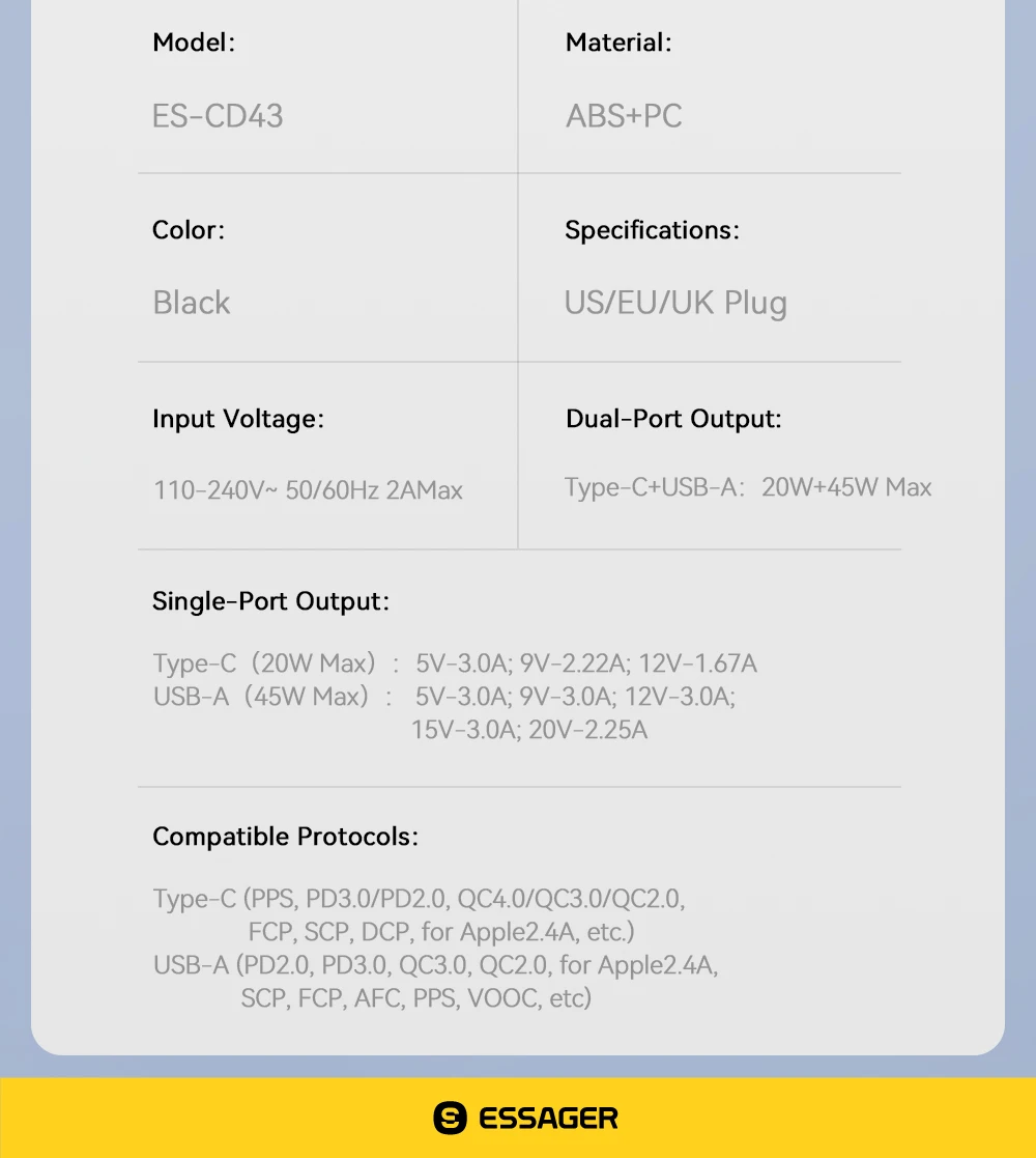 Essager 65W GaN Charger USB PD Type C Fast Charging Phone Adapter QC3.0 For iPhone 16 Pro Max Samsung Galaxy S23 Xiaomi Huawei