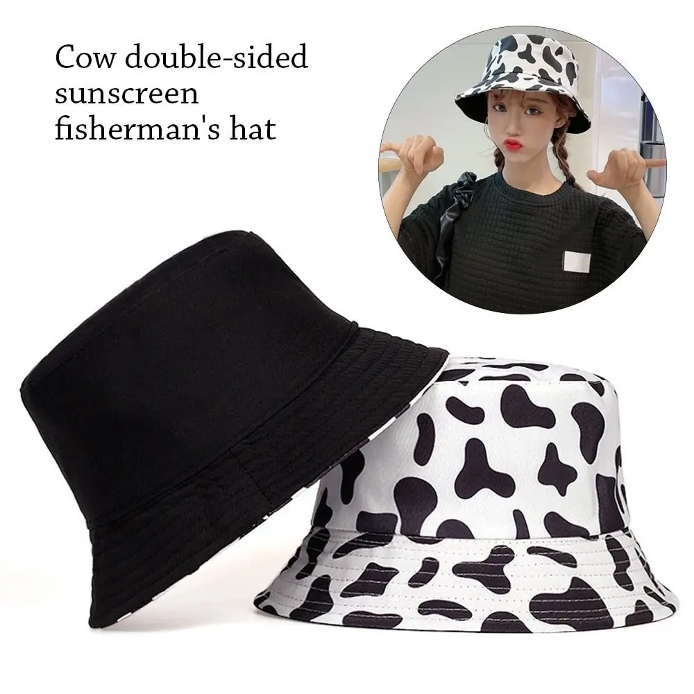 Double-Sided Bucket Hat Spring Summer Sun Protection Cow Print Beach Cap Portable Foldable Fisherman Cap for Women Men