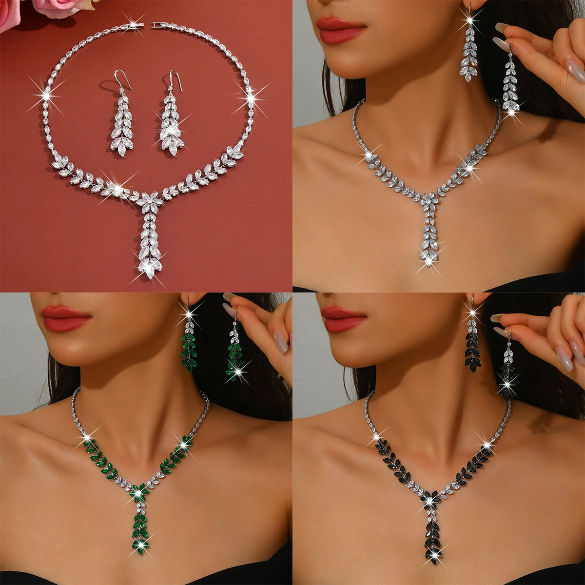 

Copper Zirconium Inlay Jewelry Set for Women Banquet Luxury Flower Necklace Earrings Set Wedding Anniversary Jewelry Accessories