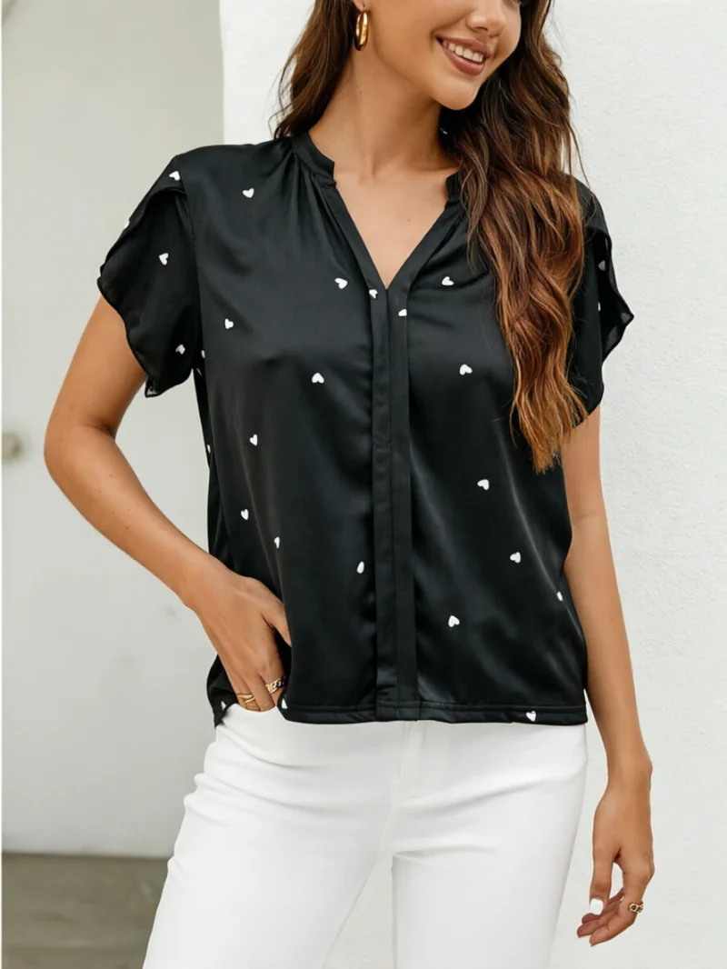 V-neck lotus leaf short sleeved loose drape temperament women's commuting top