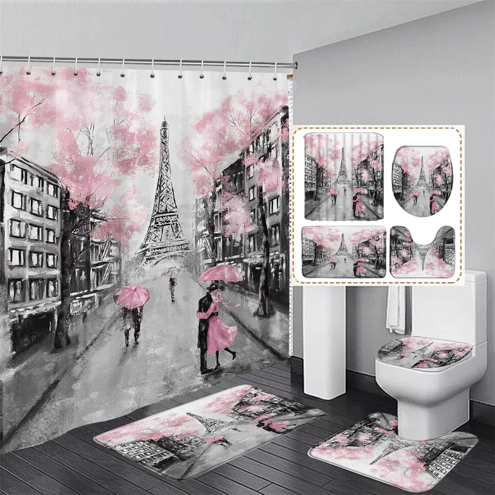 Vintage Paris Tower Shower Curtain Set Pink Floral Black White Town Fashion Girls Bathroom Decor Rug Bath Mats Toilet Lid Cover