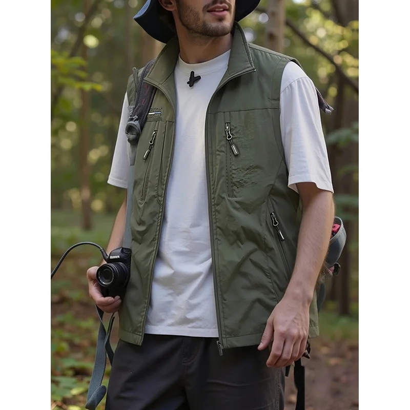 Summer Men's Casual Solid Color Multi Pocket Vest Photography Casual Fishing Vest Men's Outdoor Work Clothes