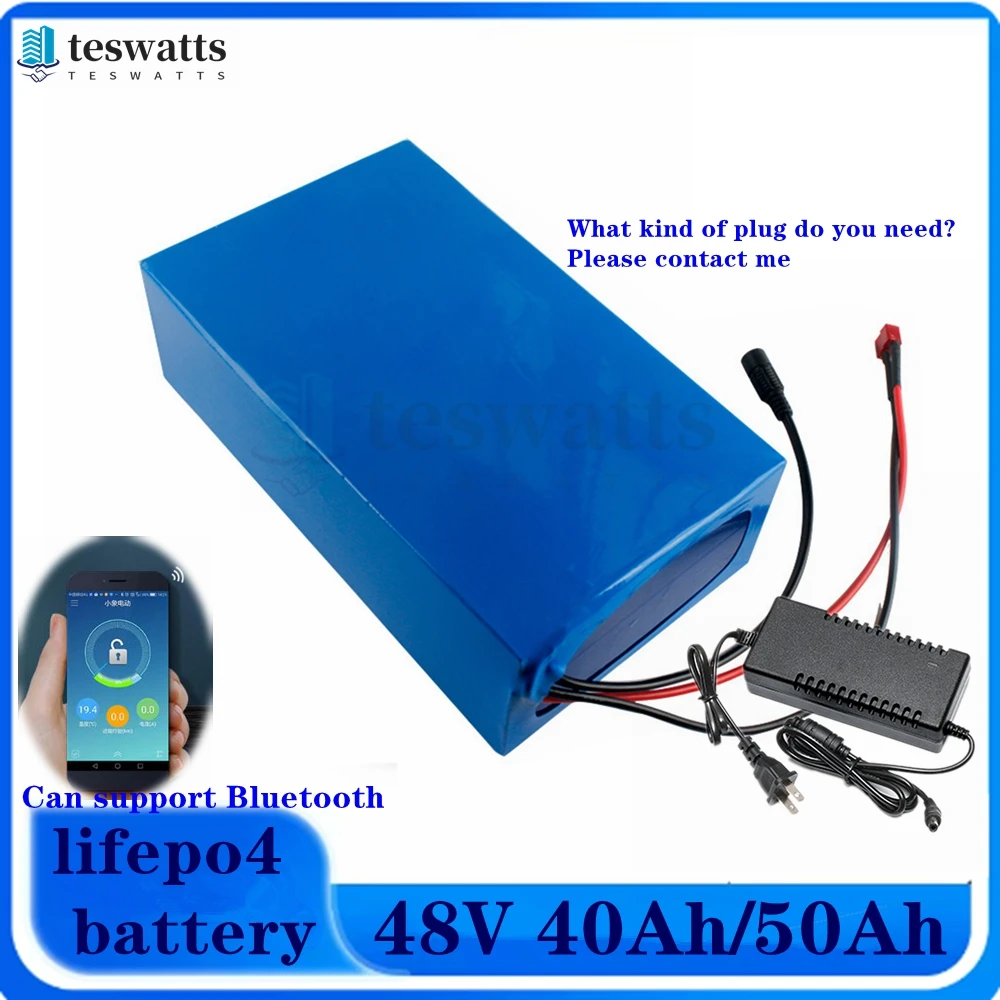 48V 50Ah Lifepo4 48v 40AH lithium battery Bluetooth BMS APP 16S for 2000w Scooter bike tricycle boat go cart +5A charger