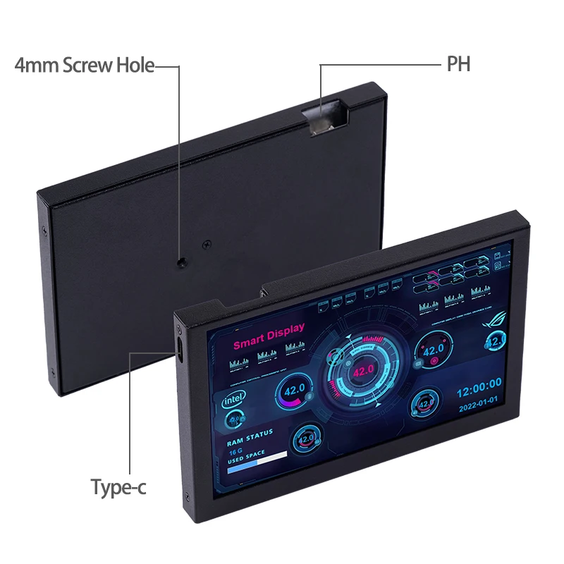 5 Inch IPS Type-C Secondary Screen Mini USB PC Display 800x480 CPU GPU RAM HDD Monitor Music Spectrum Analysis Display No AIDA64