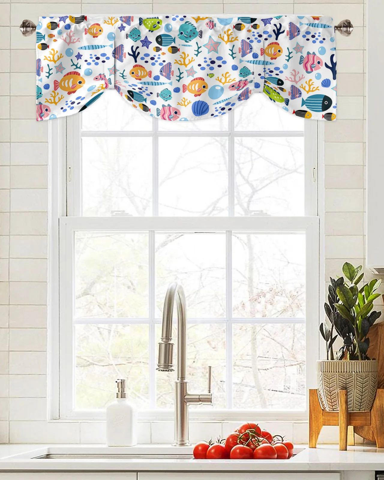 Cartoon Animals Fish Coral Shells Window Curtain Living Room Kitchen Cabinet Tie-up Valance Curtain Rod Pocket Valance