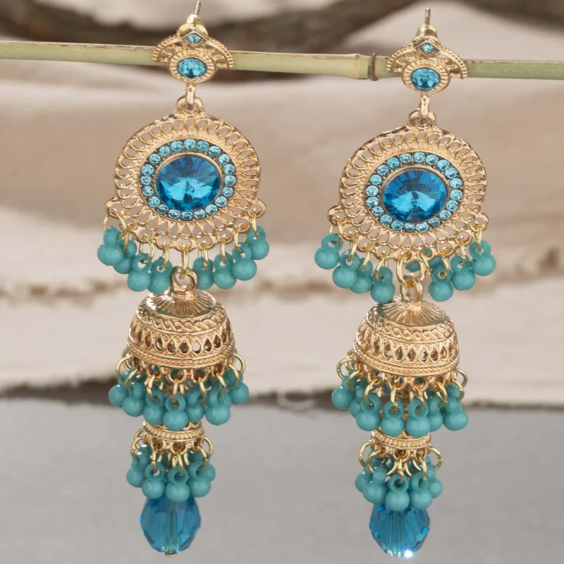 Vintage Luxury Bell Beads Tassel Pendant Earrings For Women Retro Elegant Rhinestone Ear Clip Accessory Party Jewelry Accessory