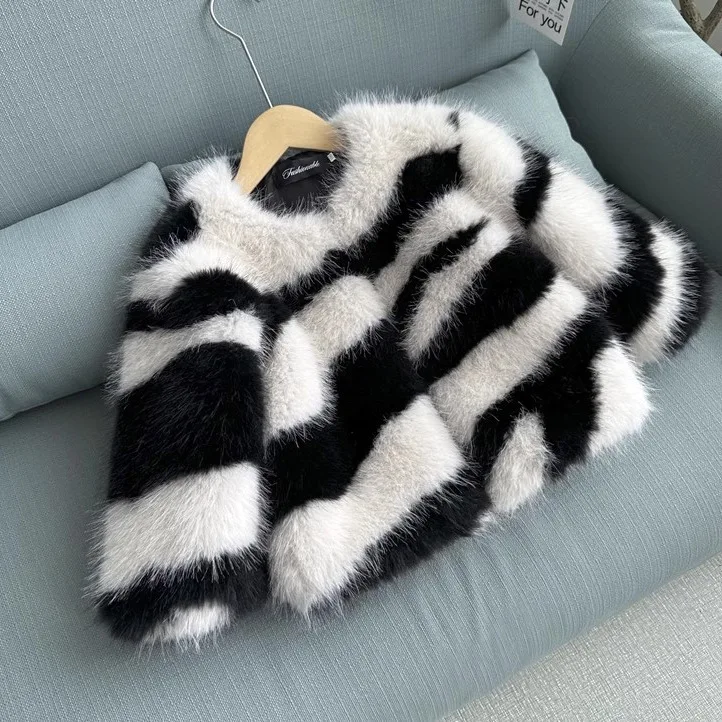 

Faux Fox Fur Coats Children Jackets Striped Round Neck Long Sleeves Coverd Button Thick Warm Fur Loose Casual 2025 Autumn Winter